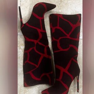 Red and black giraffe print stiletto boots